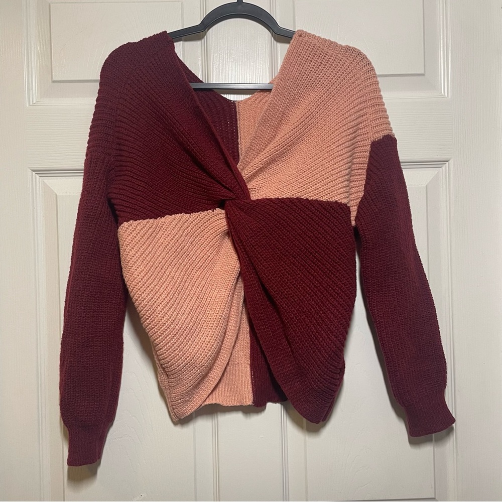 No Boundaries Womens XL Colorblock Sweater Long Sleeve V Neck Pink Maroon